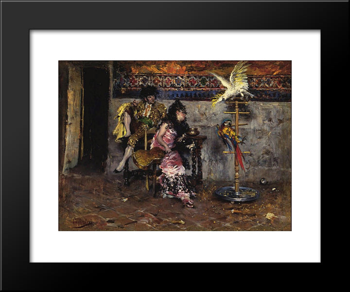 Couple In Spanish Dress With Two Parrots (El Matador) 20x24 Black Modern Wood Framed Art Print Poster by Boldini, Giovanni