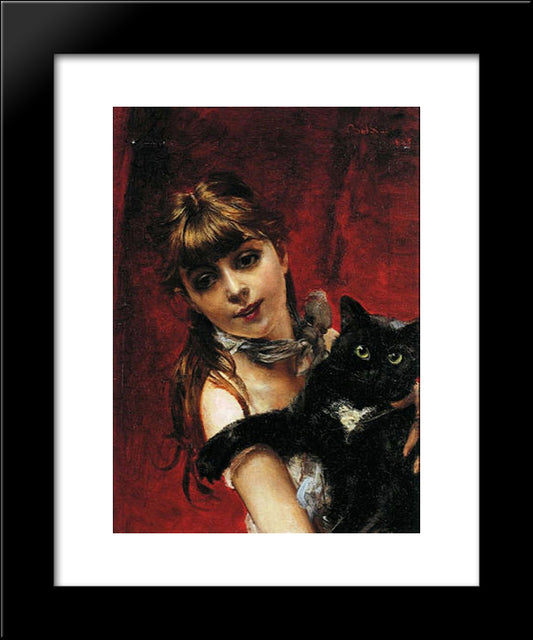 Girl With Black Cat 20x24 Black Modern Wood Framed Art Print Poster by Boldini, Giovanni