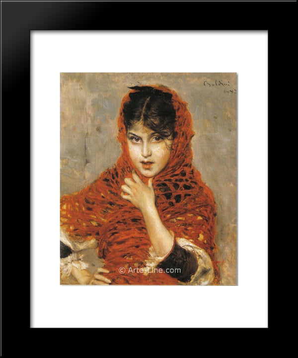 Girl With Red Shawl 20x24 Black Modern Wood Framed Art Print Poster by Boldini, Giovanni