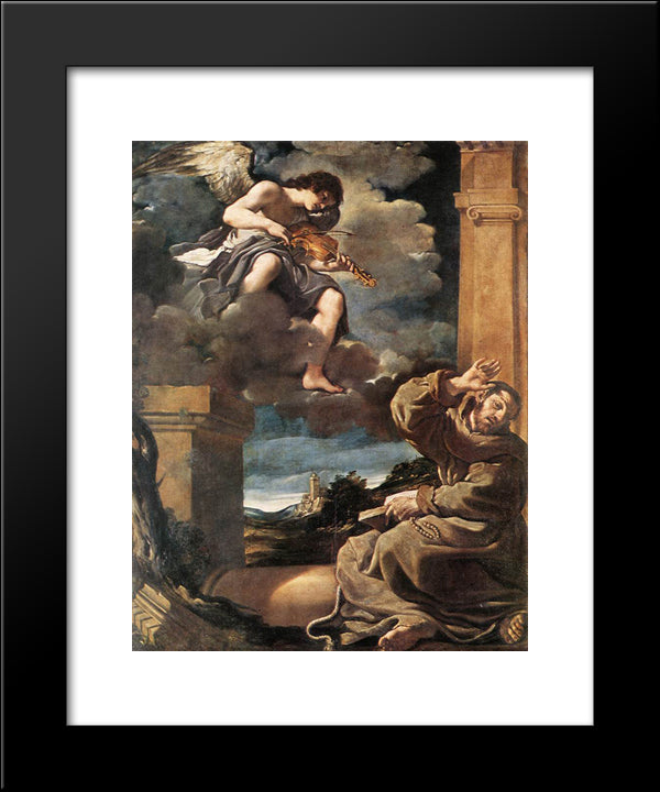 St Francis With An Angel Playing Violin 20x24 Black Modern Wood Framed Art Print Poster by Guercino