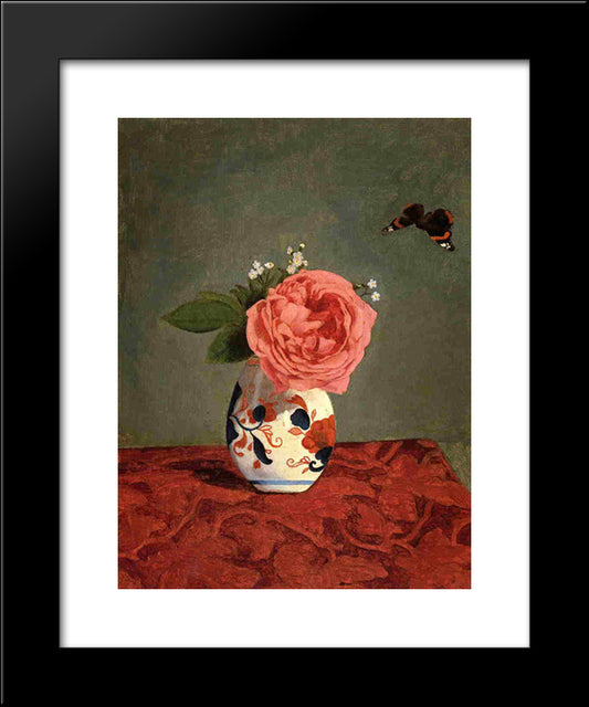 Garden Rose And Blue Forget Me Nots In A Vase 20x24 Black Modern Wood Framed Art Print Poster by Caillebotte, Gustave