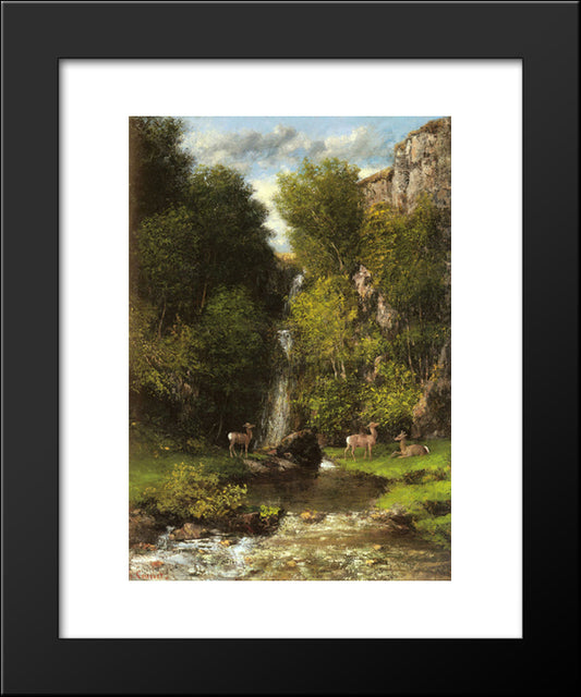 A Family Of Deer In A Landscape With A Waterfall 20x24 Black Modern Wood Framed Art Print Poster by Courbet, Gustave