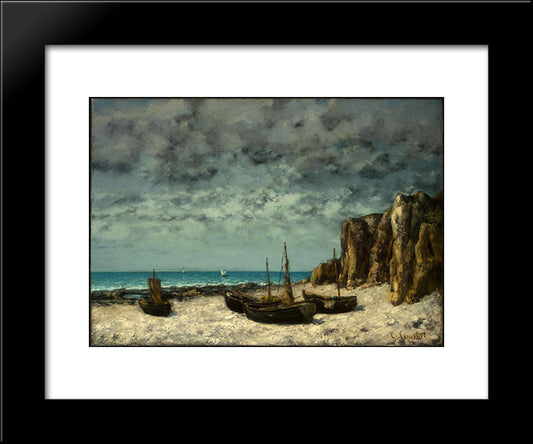 Boats On A Beach, Etretat 20x24 Black Modern Wood Framed Art Print Poster by Courbet, Gustave