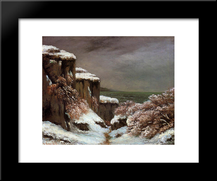 Cliffs By The Sea In The Snow 20x24 Black Modern Wood Framed Art Print Poster by Courbet, Gustave