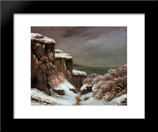 Cliffs By The Sea In The Snow 20x24 Black Modern Wood Framed Art Print Poster by Courbet, Gustave
