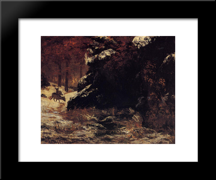 Deer In The Snow 20x24 Black Modern Wood Framed Art Print Poster by Courbet, Gustave