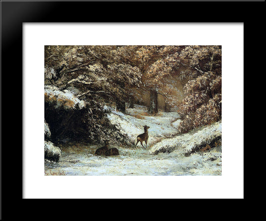 Deer Taking Shelter In Winter 20x24 Black Modern Wood Framed Art Print Poster by Courbet, Gustave