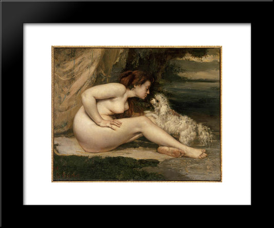 Female Nude With A Dog (Portrait Of Leotine Renaude) 20x24 Black Modern Wood Framed Art Print Poster by Courbet, Gustave