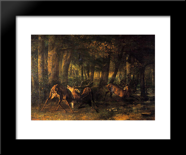 Spring, Stags Fighting 20x24 Black Modern Wood Framed Art Print Poster by Courbet, Gustave