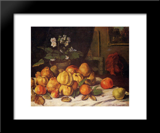 Still Life Apples, Pears And Flowers On A Table, Saint Pelagie 20x24 Black Modern Wood Framed Art Print Poster by Courbet, Gustave