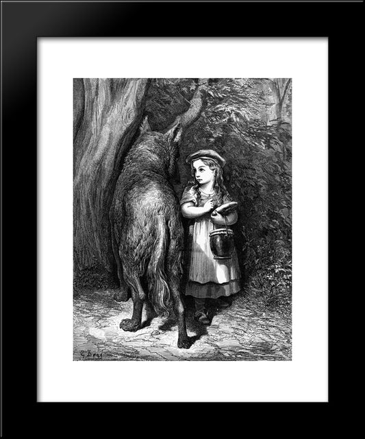 Red Riding Hood Meets Old Father Wolf 20x24 Black Modern Wood Framed Art Print Poster by Dore, Gustave