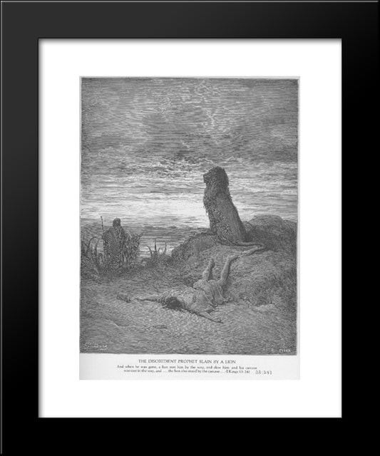 The Disobedient Prophet Is Slain By A Lion 20x24 Black Modern Wood Framed Art Print Poster by Dore, Gustave