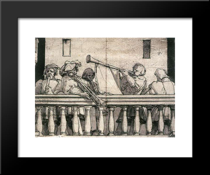 Musicians On A Balcony 20x24 Black Modern Wood Framed Art Print Poster by Holbein the Younger, Hans