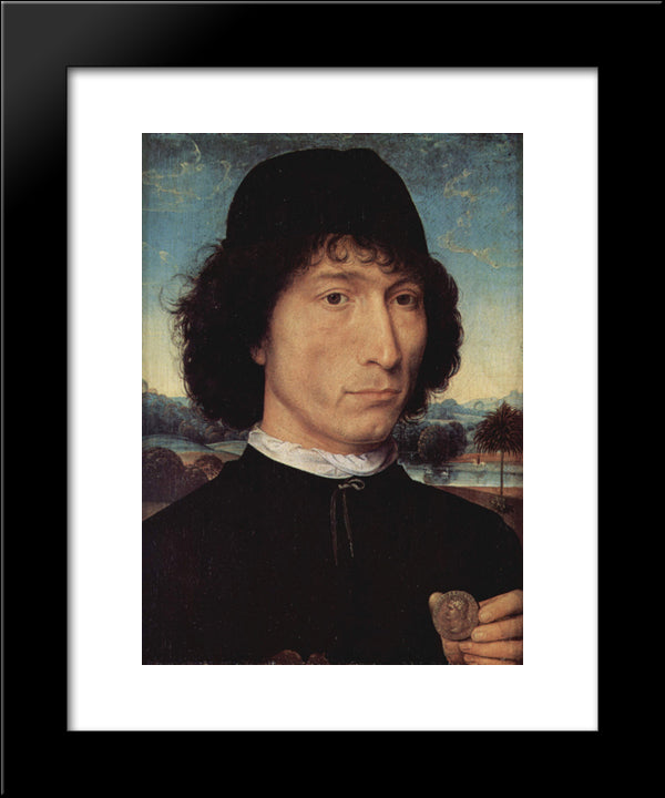 Portrait Of A Man Holding A Coin Of The Emperor Nero 20x24 Black Modern Wood Framed Art Print Poster by Memling, Hans