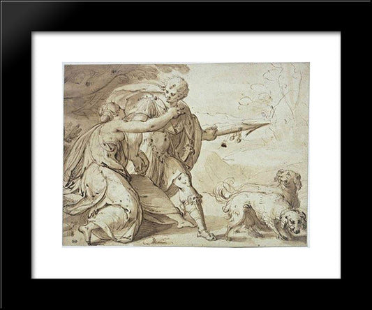 Adonis Held Back By Venus While Going Hunting 20x24 Black Modern Wood Framed Art Print Poster by Aachen, Hans von