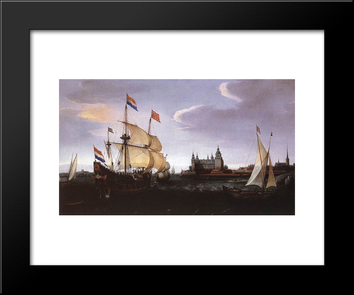 Arrival Of A Dutch Three-Master At Schloss Kronberg 20x24 Black Modern Wood Framed Art Print Poster by Vroom, Hendrick Cornelisz