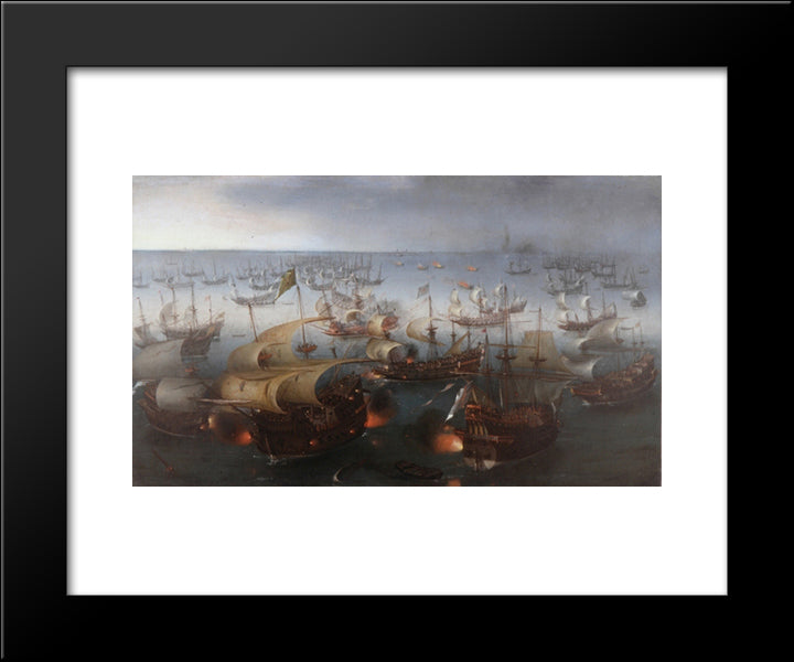 The Battle With The Spanish Armada 20x24 Black Modern Wood Framed Art Print Poster by Vroom, Hendrick Cornelisz