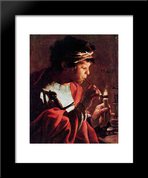 Boy Lighting A Pipe 20x24 Black Modern Wood Framed Art Print Poster by Terbrugghen, Hendrick