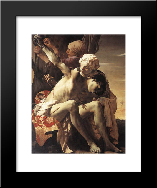 St. Sebastian Tended By Irene And Her Maid 20x24 Black Modern Wood Framed Art Print Poster by Terbrugghen, Hendrick