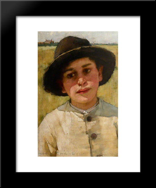 Study Of A Boy In A Black Hat, Before A Cornfield 20x24 Black Modern Wood Framed Art Print Poster by La Thangue, Henry Herbert
