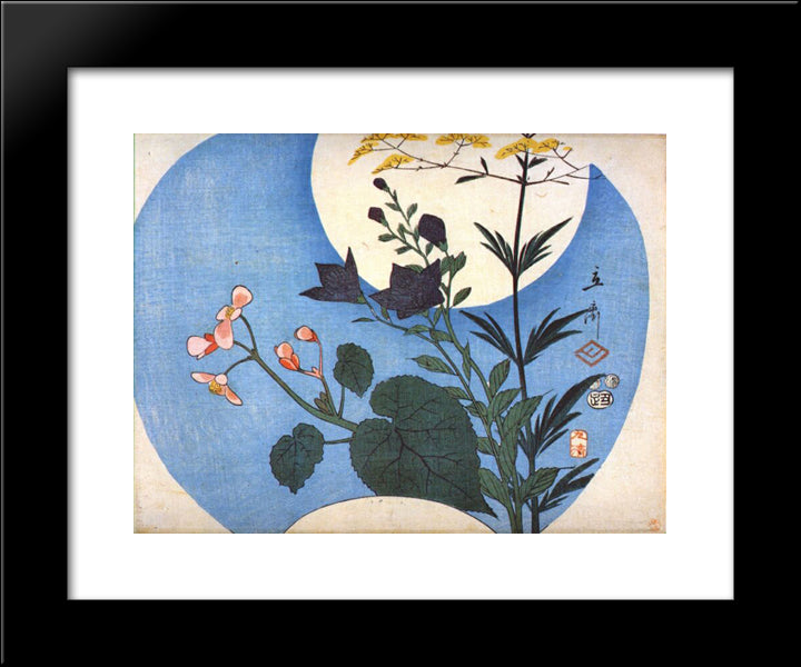 Autumn Flowers In Front Of Full Moon 20x24 Black Modern Wood Framed Art Print Poster by Hiroshige