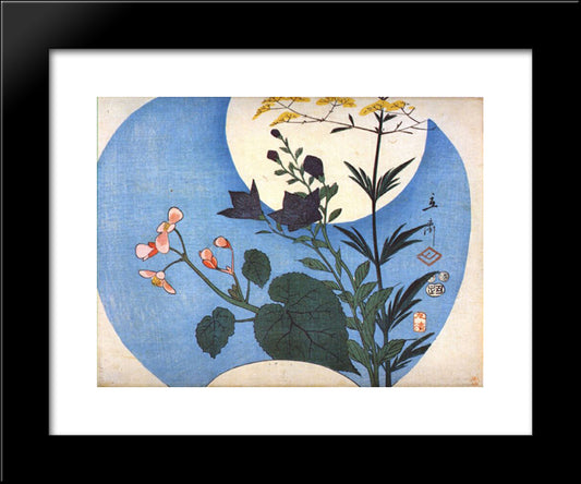 Autumn Flowers In Front Of Full Moon 20x24 Black Modern Wood Framed Art Print Poster by Hiroshige