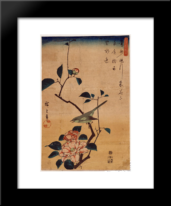 Camellia And Bush Warbler 20x24 Black Modern Wood Framed Art Print Poster by Hiroshige