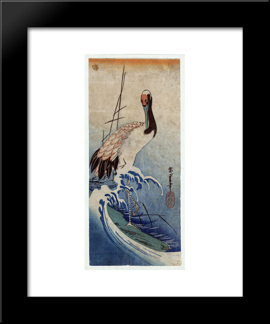 Crane In Waves 20x24 Black Modern Wood Framed Art Print Poster by Hiroshige