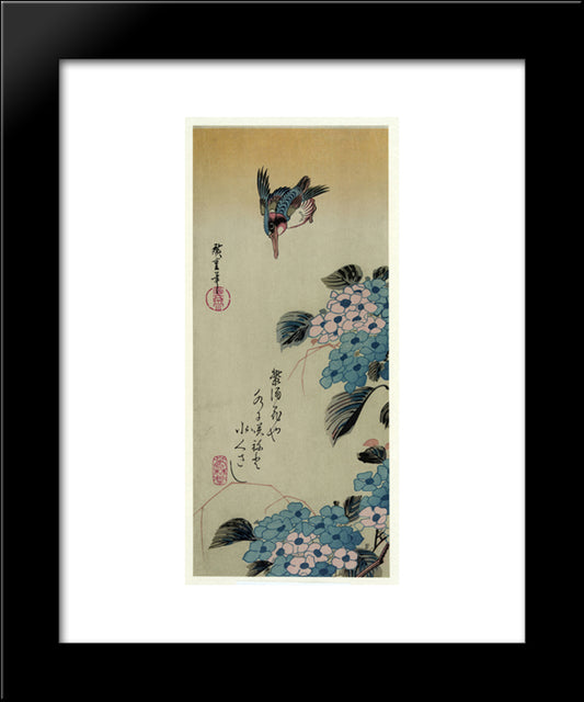 Hydrangea And Kingfisher 20x24 Black Modern Wood Framed Art Print Poster by Hiroshige