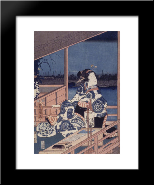 Moonlight View Of Tsukuda With Lady On A Balcony 20x24 Black Modern Wood Framed Art Print Poster by Hiroshige