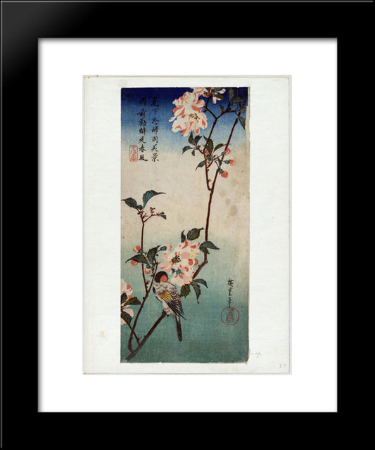 Small Bird On A Branch Of Kaidozakura 20x24 Black Modern Wood Framed Art Print Poster by Hiroshige