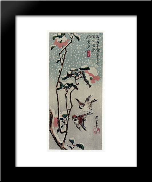 Sparrows And Camellias In The Snow 20x24 Black Modern Wood Framed Art Print Poster by Hiroshige