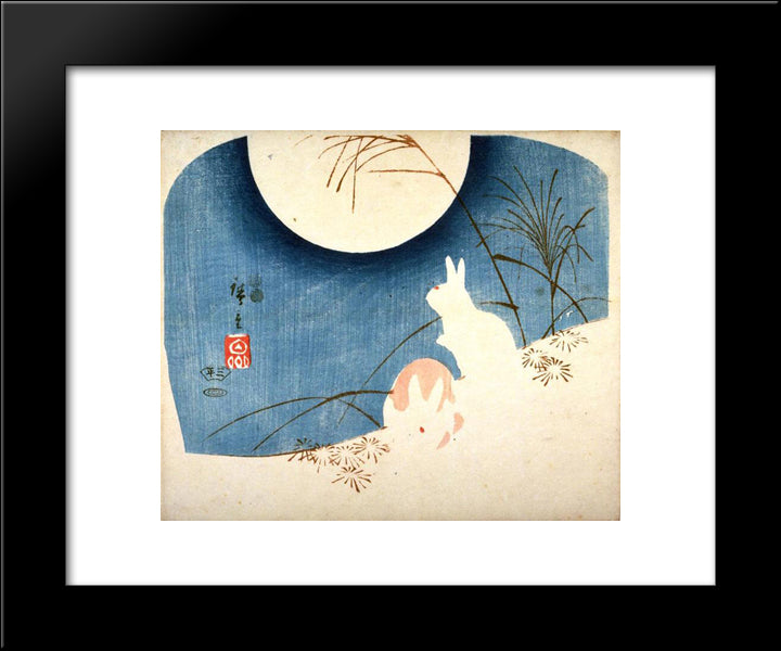 Untitled (Two Rabbits, Pampas Grass, And Full Moon) 20x24 Black Modern Wood Framed Art Print Poster by Hiroshige