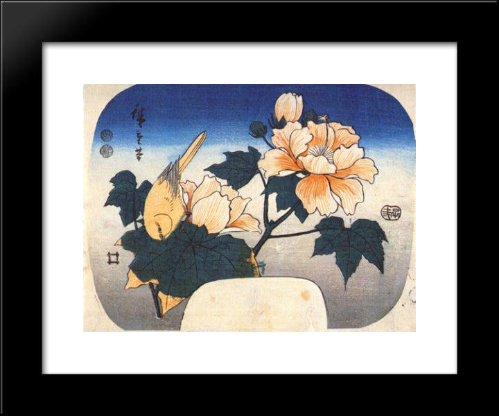 Yellow Bird And Cotton Rose 20x24 Black Modern Wood Framed Art Print Poster by Hiroshige