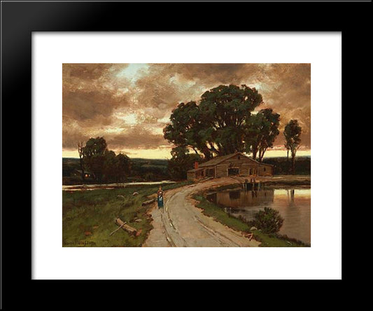 Figure On The Road And Farmhouse At Sunset 20x24 Black Modern Wood Framed Art Print Poster by Watson, Homer
