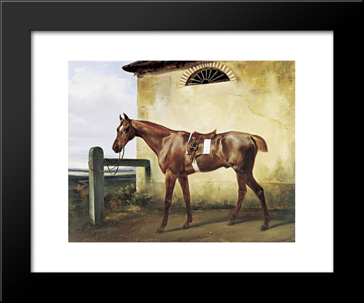 A Saddled Race Horse Tied To A Fence 20x24 Black Modern Wood Framed Art Print Poster by Vernet, Horace