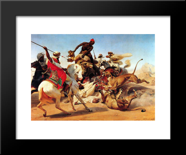 The Lion Hunt 20x24 Black Modern Wood Framed Art Print Poster by Vernet, Horace