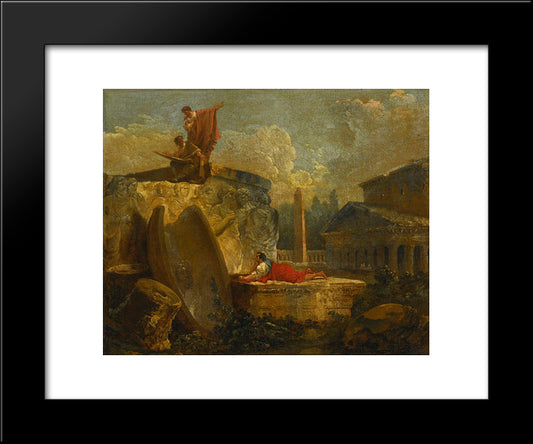 Draughtsmen In A Landscape With Antique Ruins 20x24 Black Modern Wood Framed Art Print Poster by Robert, Hubert