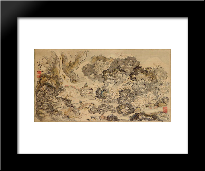 Landscape With Pavilion, Hanging Scroll 20x24 Black Modern Wood Framed Art Print Poster by no Taiga, Ike