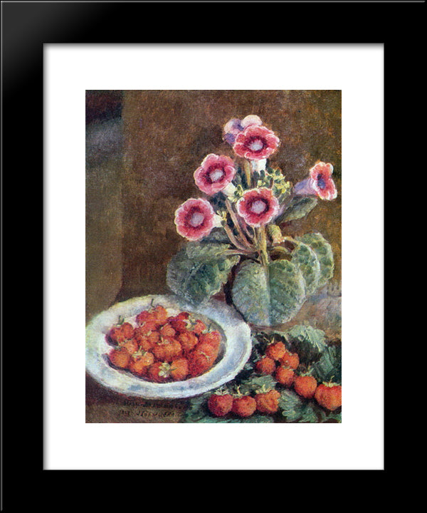 A Flower In A Pot And Strawberries 20x24 Black Modern Wood Framed Art Print Poster by Mashkov, Ilya