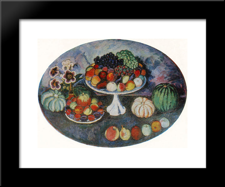 Oval Still Life With White Vase And Fruits 20x24 Black Modern Wood Framed Art Print Poster by Mashkov, Ilya