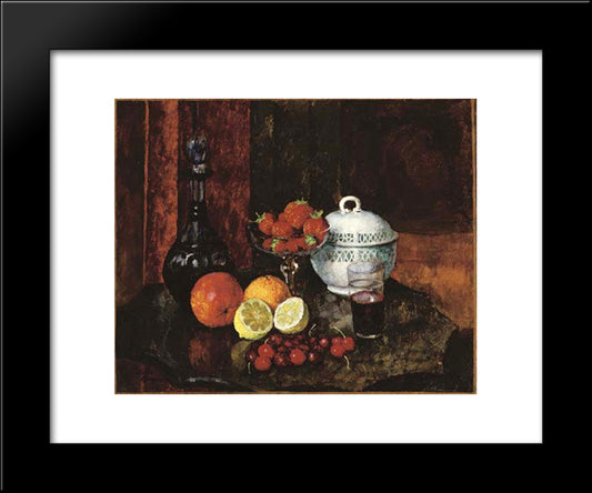 Still Life With Strawberries. Cherry And Blue Pitcher 20x24 Black Modern Wood Framed Art Print Poster by Mashkov, Ilya