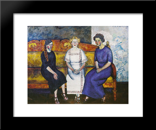 Three Sisters On The Couch. Portrait Of N. Samoilova, L. Samoilova And E. Samoilova 20x24 Black Modern Wood Framed Art Print Poster by Mashkov, Ilya