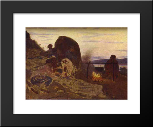 Barge Haulers By Campfire 20x24 Black Modern Wood Framed Art Print Poster by Repin, Ilya