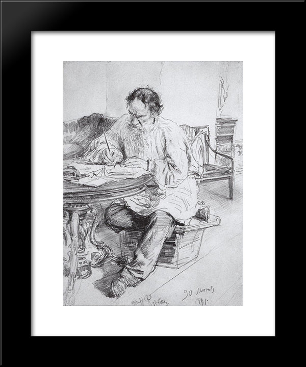 Leo Tolstoy Working At The Round Table 20x24 Black Modern Wood Framed Art Print Poster by Repin, Ilya