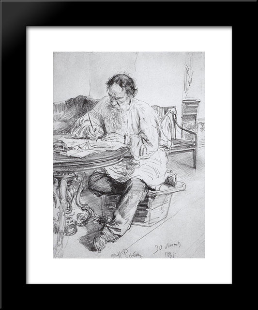 Leo Tolstoy Working At The Round Table 20x24 Black Modern Wood Framed Art Print Poster by Repin, Ilya