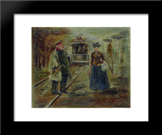 On The Platform Of The Station. Street Scene With A Receding Carriage 20x24 Black Modern Wood Framed Art Print Poster by Repin, Ilya