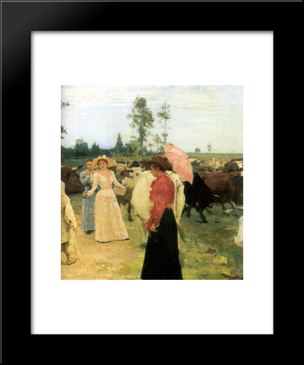 Young Ladys Walk Among Herd Of Cow 20x24 Black Modern Wood Framed Art Print Poster by Repin, Ilya