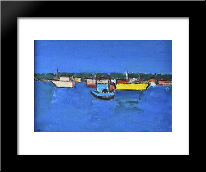 Marina With Yellow Boat 20x24 Black Modern Wood Framed Art Print Poster by Pacea, Ion