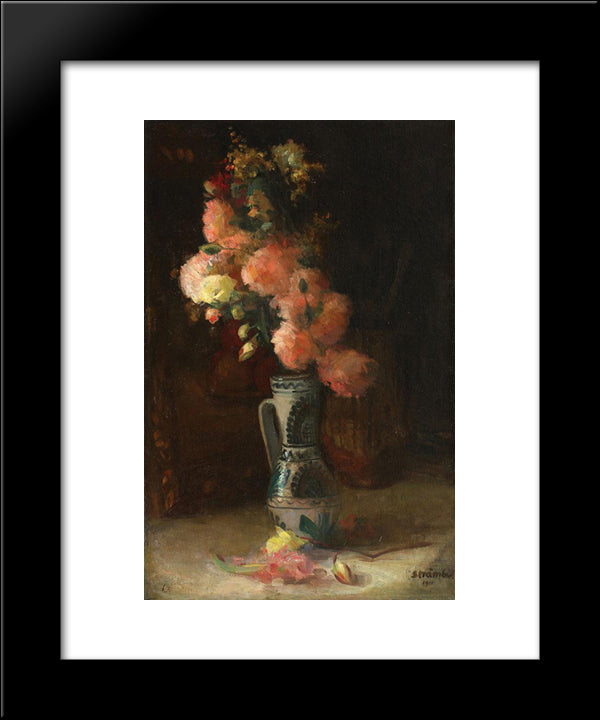 Vase With Roses And Chrysanthemums 20x24 Black Modern Wood Framed Art Print Poster by Strambu, Ipolit